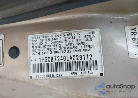 1990 Honda Accord Dx/Lx z USA, uszkodzony, nr VIN 1HGCB7240LA029112